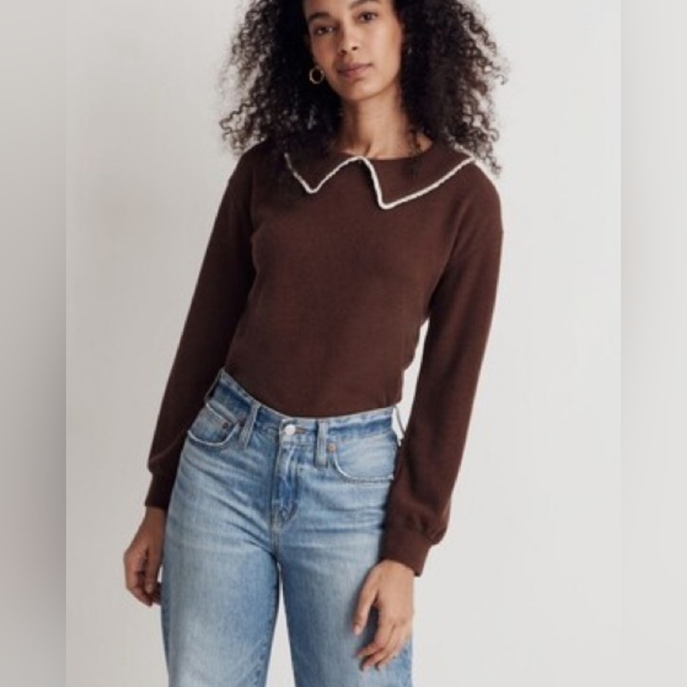 Madewell Chocolate Sweater with White Trim